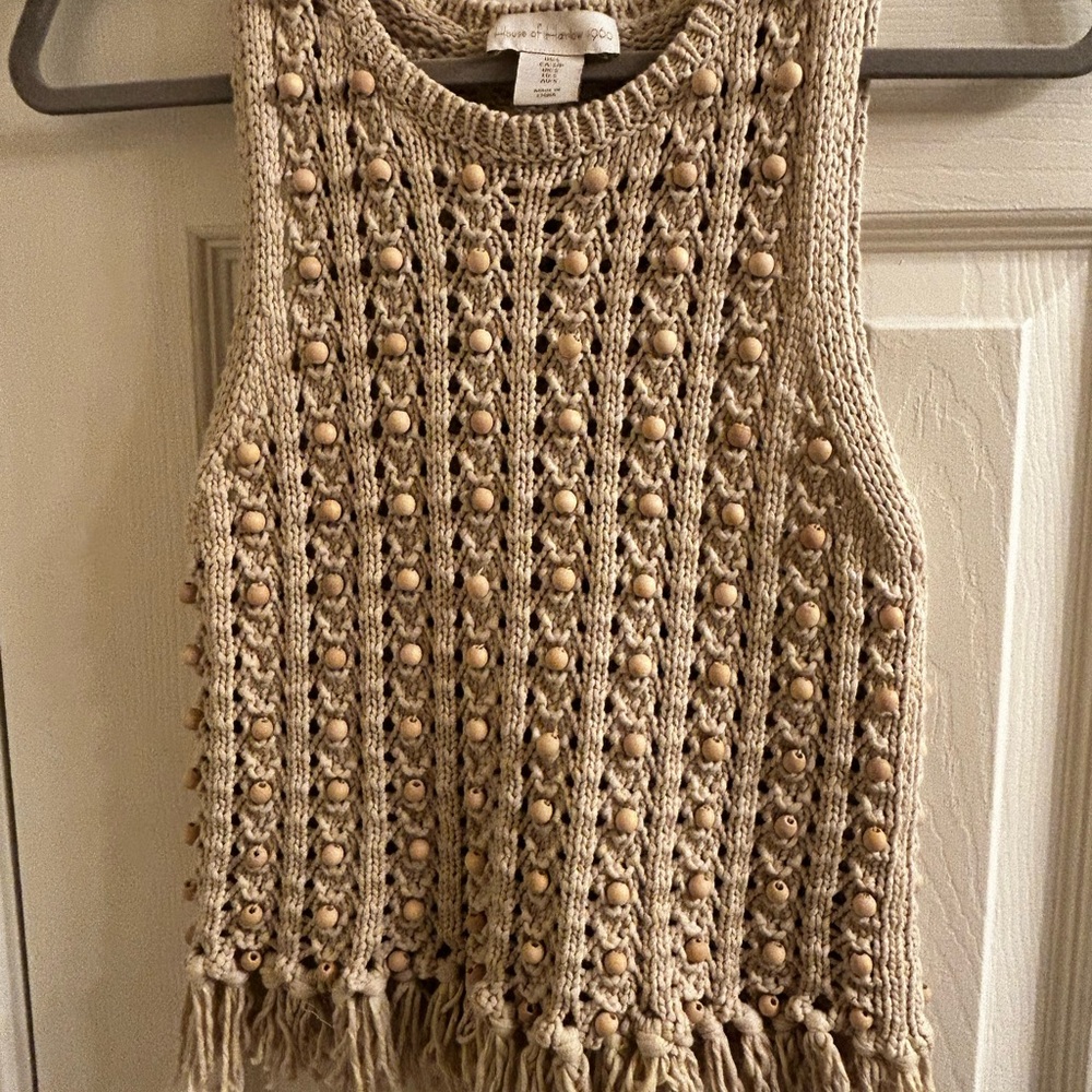 House of Harlow 1960 Tan Knit Sleeveless Beaded Sleeveless Sweater